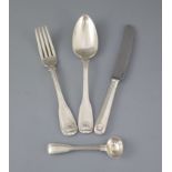 A matched part canteen of 18th century and later silver fiddle, thread and shell pattern cutlery,