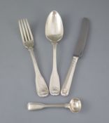 A matched part canteen of 18th century and later silver fiddle, thread and shell pattern cutlery,