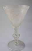 A large Dutch 'Stadthouder' commemorative crizzled glass goblet c.1674, the funnel bowl wheel