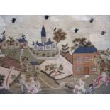 An early 19th century English petit point panel, with father, children and dog in a garden, houses