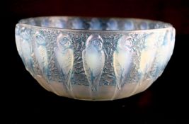 René Lalique. A pre-war opalescent glass Perruches pattern bowl, no.491, designed in 1931, etched
