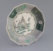 An unusual Chinese famille verte decorated biscuit porcelain twelve sided dish, 19th century in