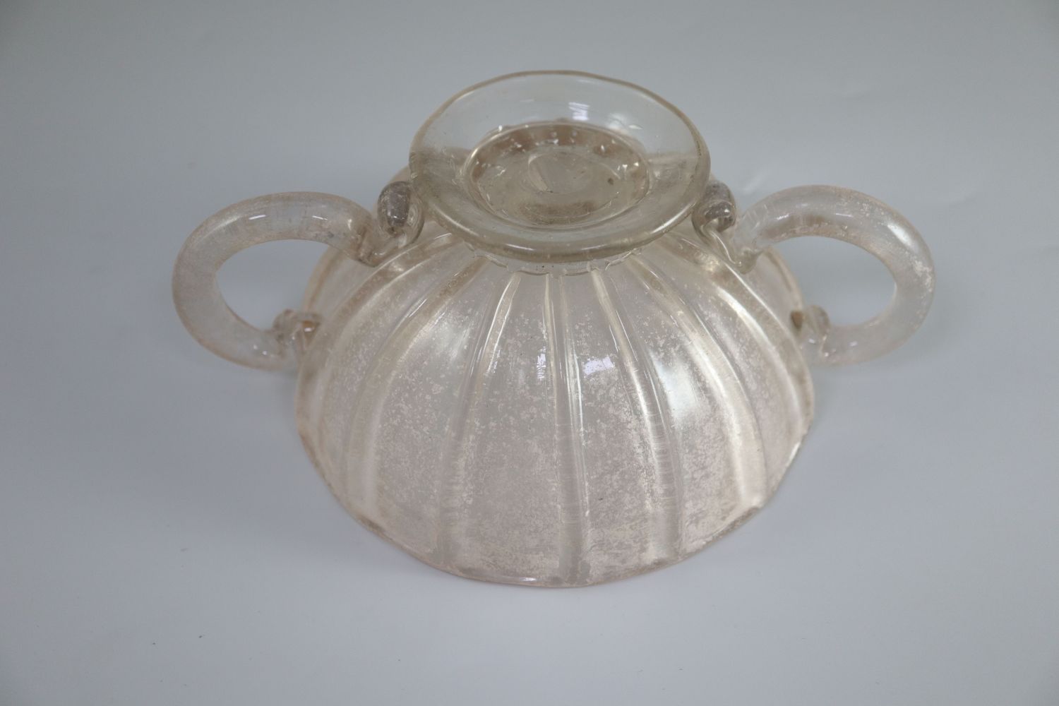 An English or Dutch crizzled lead glass coupe de marriage or sugar bowl c.1700, the hemi-spherical - Image 3 of 3