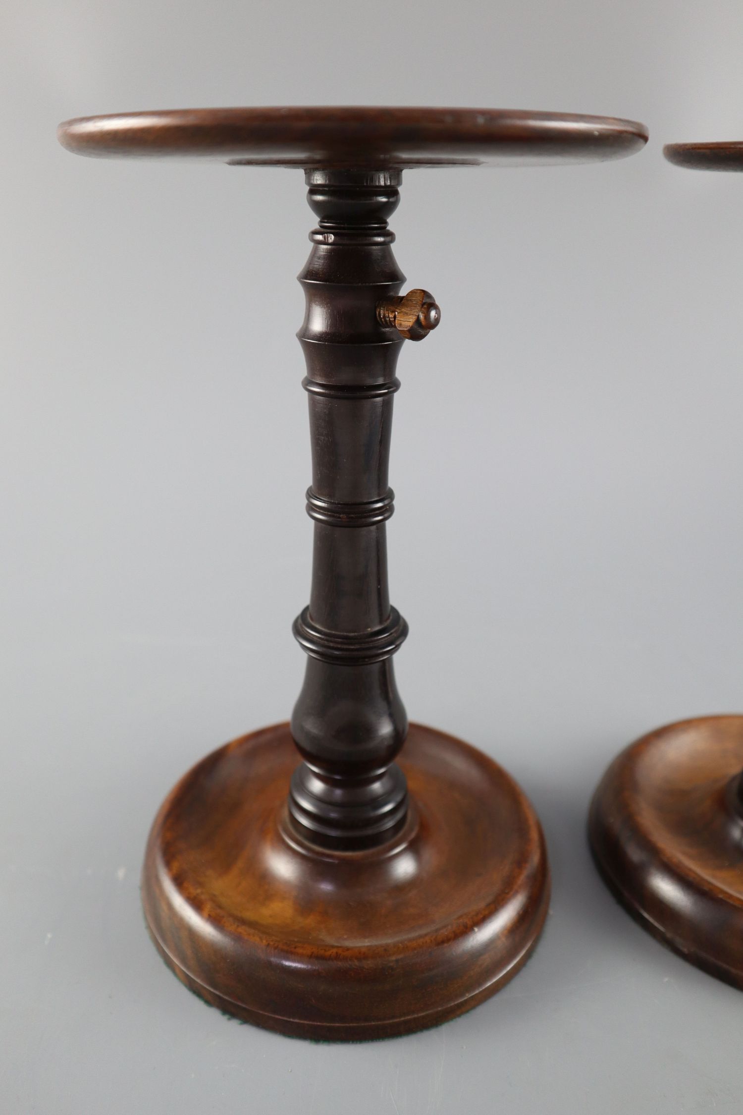 A pair of George III mahogany and ebony adjustable candle stands, with telescopic stems height 8. - Image 2 of 5