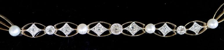 An Edwardian gold, old round and rose cut diamond and cultured? pearl set pierced oval link