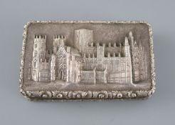 An early Victorian silver 'castle top' rectangular vinaigrette by Nathaniel Mills, depicting a scene