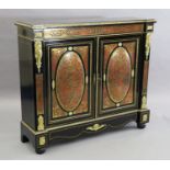 A 19th century French red buhl work and ebony side cabinet, with inverse breakfront and two panelled