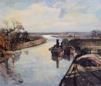 § Rowland Hilder (1905-1993)oil on boardBarges on a canalsigned20 x 24in., unframedCONDITION: Oil on