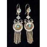 A pair of Victorian Etruscan style 15ct gold and turquoise set disc and tassel drop earrings,