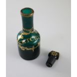 A George III green glass 'ketchup' cruet bottle and stopper, gilded in the James Giles atelier, c.