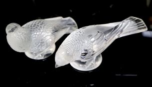 René Lalique. Two frosted glass bird paperweights, Chardonneret Moqueur and Timide, c.1931, each