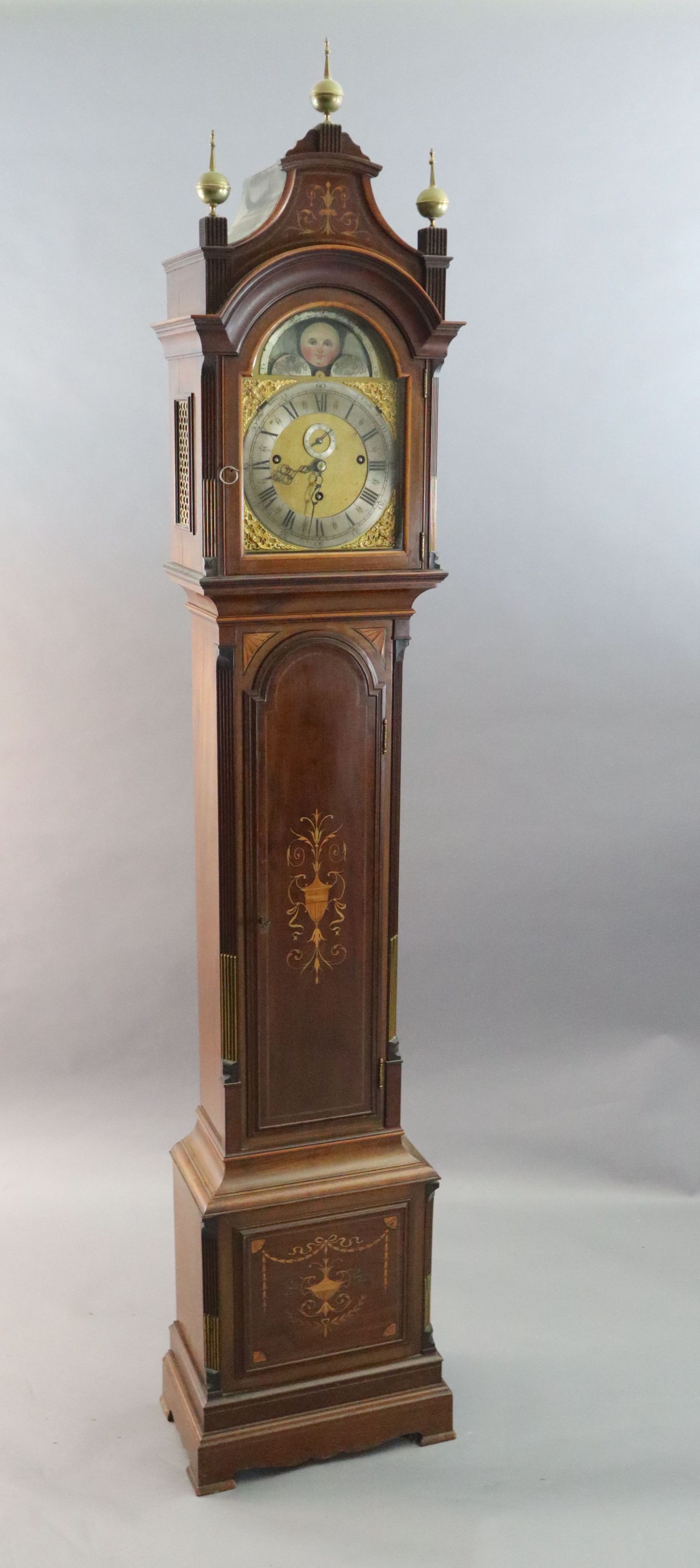 An Edwardian George III style marquetry inlaid chiming eight day longcase clock, the 10 inch