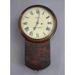 A 19th century mahogany drop dial railway wall clock, c.1840, enamelled Roman dial signed Joyce,