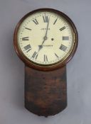 A 19th century mahogany drop dial railway wall clock, c.1840, enamelled Roman dial signed Joyce,