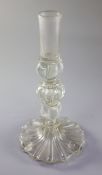 A rare and important lead glass candlestick, attributed to George Ravenscroft, c.1680 semi-crizzled,