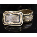 A George III gold and black enamel memorial ring with hairwork panel and a matching brooch, the ring