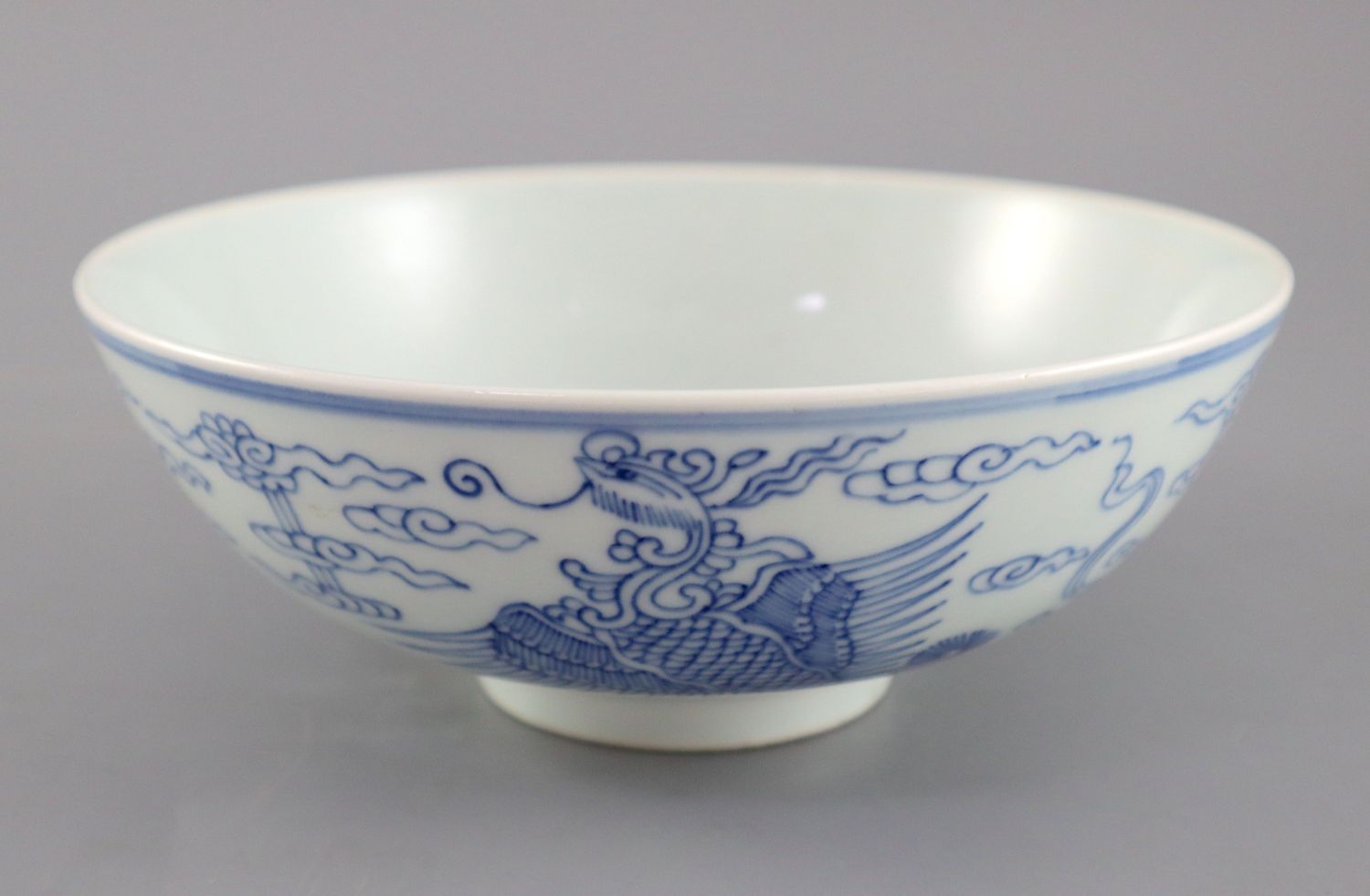 A Chinese blue and white 'double phoenix' bowl, Chenghua mark, possibly 18th century, the phoenix