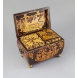 A Regency penwork tea caddy, of sarcophagus form, decorated with chinoiserie figures in gardens, the