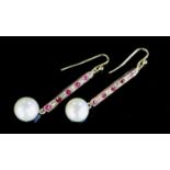 A pair of gold, channel set ruby and diamond drop cultured pearl line earrings, 35mm, gross 4.5