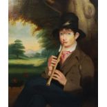 English School c.1840oil on canvasNaive portrait of a pipe player seated in a pastoral