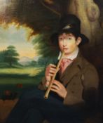 English School c.1840oil on canvasNaive portrait of a pipe player seated in a pastoral