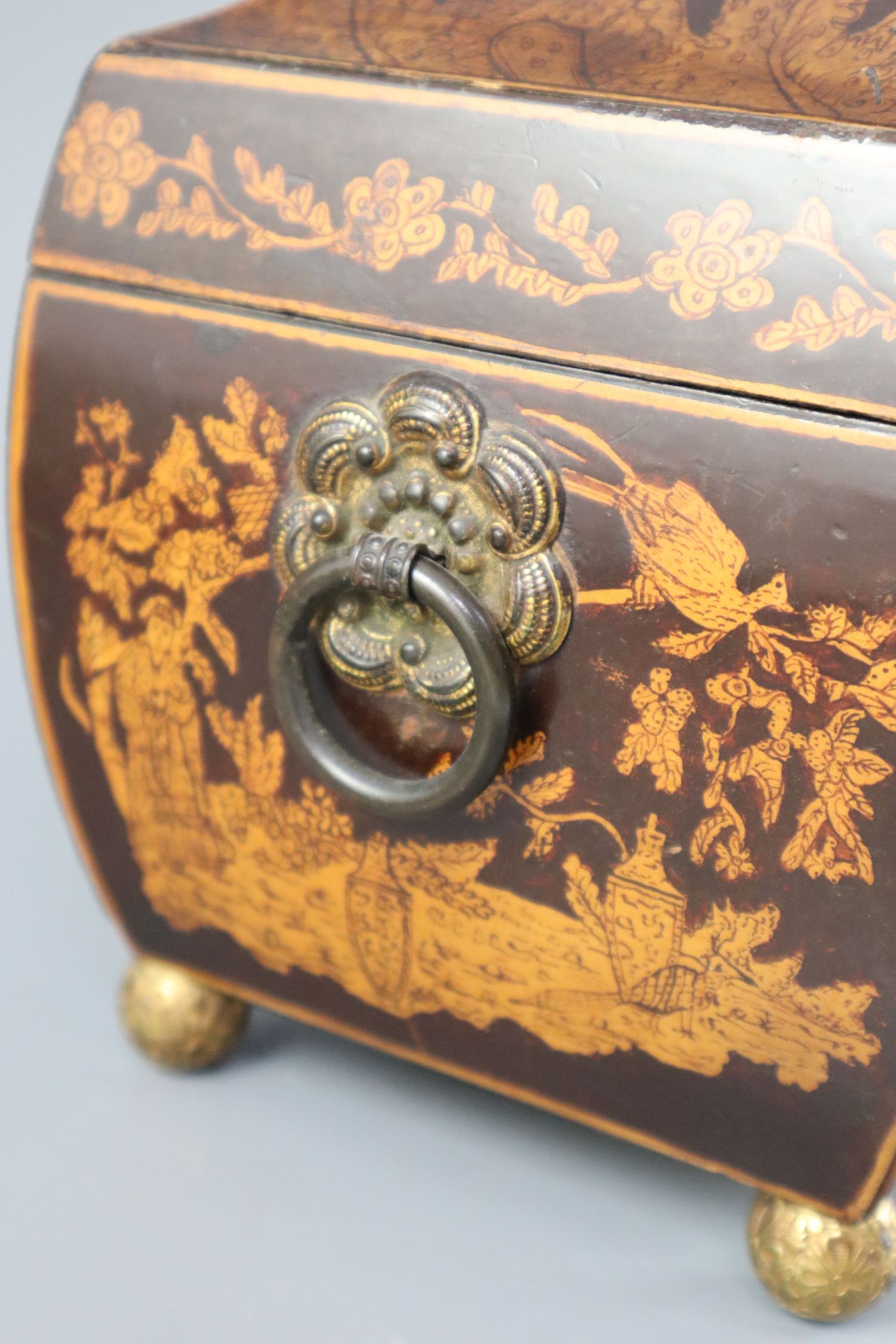 A Regency penwork tea caddy, of sarcophagus form, decorated with chinoiserie figures in gardens, the - Image 3 of 6