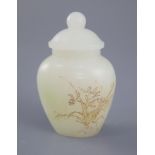 A Chinese miniature white jade inscribed jar and cover, of flattened ovoid shape, one side
