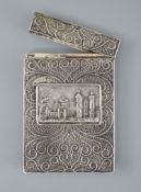 A William IV filligree silver rectangular card case, with inset panel embossed with a view of