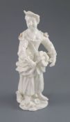 A rare French porcelain figure of a lady playing the Hurdy Gurdy, probably Orleans, c.1756-58,