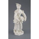 A rare French porcelain figure of a lady playing the Hurdy Gurdy, probably Orleans, c.1756-58,