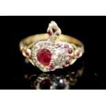 A 19th century 18ct gold, foil backed garnet? and diamond set twin hearts ring, size M, gross 4.5