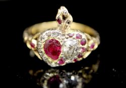 A 19th century 18ct gold, foil backed garnet? and diamond set twin hearts ring, size M, gross 4.5