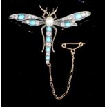 A Victorian gold and silver, turquoise, diamond and pearl set dragonfly brooch, with safety chain,