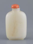 A Chinese white jade snuff bottle, of flattened high shouldered form, the stone with some subtle