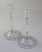 A fine pair of George II Silesian stem glass candlesticks, c.1740, each with a moulded nozzle