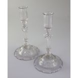 A fine pair of George II Silesian stem glass candlesticks, c.1740, each with a moulded nozzle