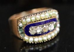 A Georgian gold, enamel, split pearl and gem set cluster ring, size N/O, gross 4.3 grams.