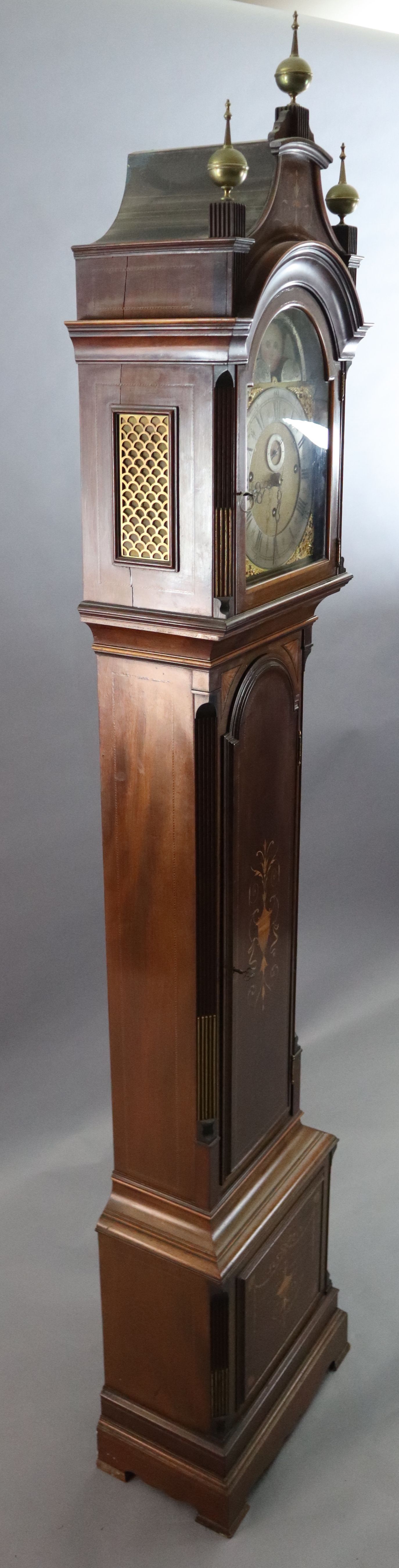 An Edwardian George III style marquetry inlaid chiming eight day longcase clock, the 10 inch - Image 3 of 4