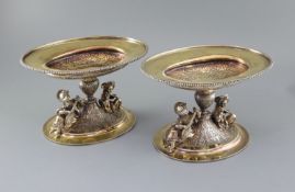 A handsome pair of Victorian parcel gilt silver oval comports by Hunt & Roskell (lacking glass