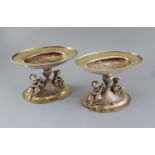 A handsome pair of Victorian parcel gilt silver oval comports by Hunt & Roskell (lacking glass