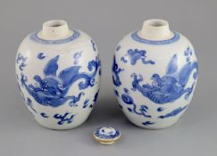 A pair of Chinese blue and white 'dragon' jars, Kangxi period, each of ovoid form, the mythical