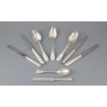 A matched part canteen of George III and later silver fiddle thread and shell pattern cutlery,