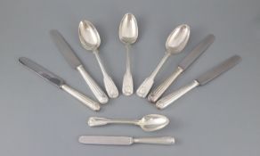 A matched part canteen of George III and later silver fiddle thread and shell pattern cutlery,