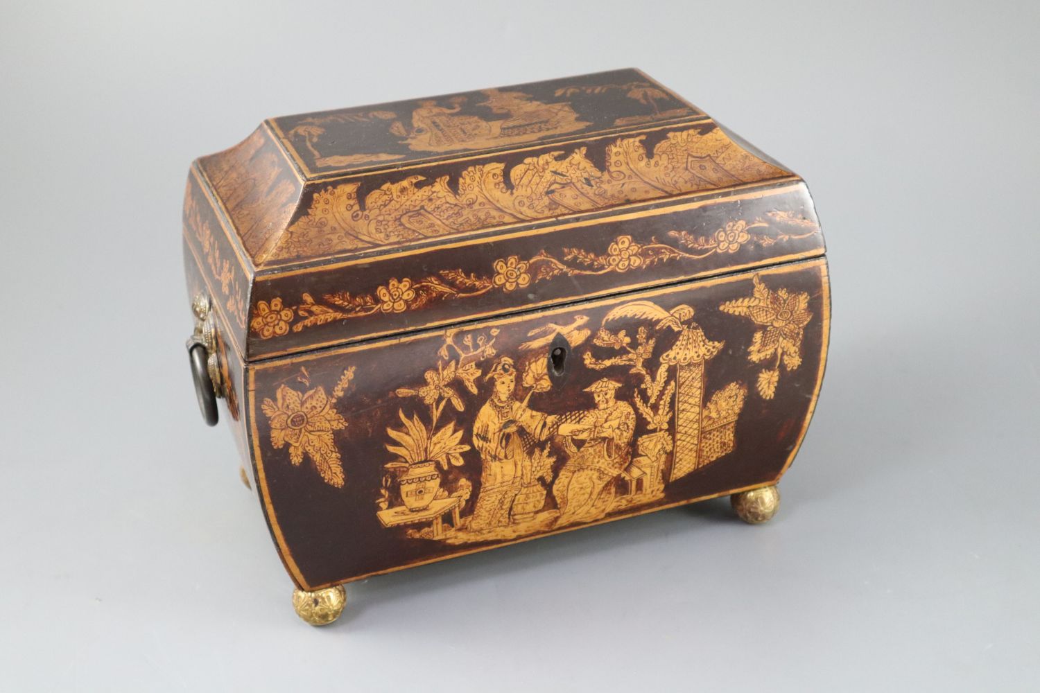 A Regency penwork tea caddy, of sarcophagus form, decorated with chinoiserie figures in gardens, the - Image 2 of 6
