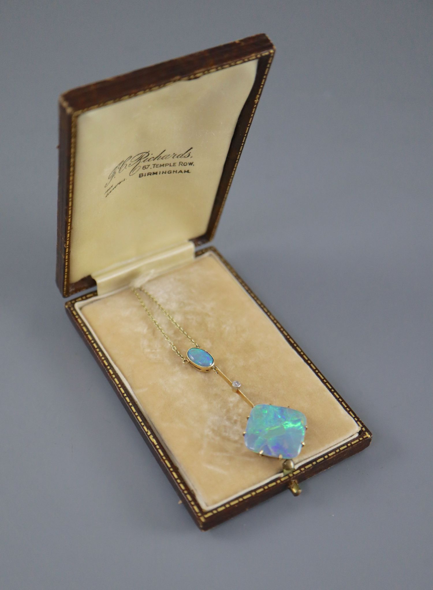An early 20th century 15ct gold, diamond and two stone opal set drop pendant necklace, pendant 50mm, - Image 5 of 5