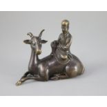 A Chinese late Ming bronze group of an immortal seated on a recumbent deer, 12.5cm longCONDITION:
