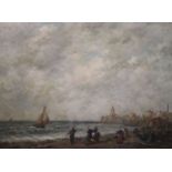 Attributed to Eugene Boudin (1824-1898)oil on canvasFisherfolk along the Breton coastbears