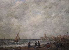 Attributed to Eugene Boudin (1824-1898)oil on canvasFisherfolk along the Breton coastbears