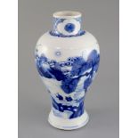 A Chinese blue and white baluster vase, Kangxi period, painted to each side with a sage and an
