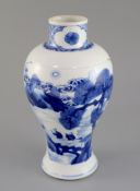 A Chinese blue and white baluster vase, Kangxi period, painted to each side with a sage and an